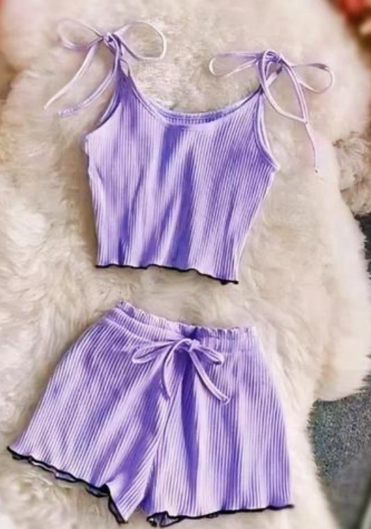 Women’s Ribbed Co-ord Set – Soft Cotton Lounge Wear with Tie-Up Shoulder Top & Elastic Waist Shorts – Summer Sleepwear or Casual Wear (Lavender)