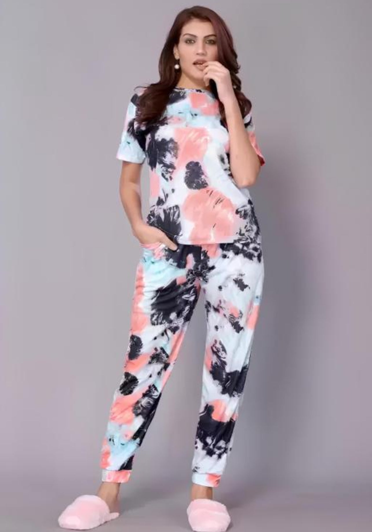 Women’s Tie-Dye Co-ord Set – Soft Cotton Lounge Wear with Round Neck T-Shirt and Relaxed Fit Pajama Pants – Trendy Homewear or Casual Set